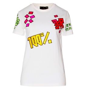 ⭐️ JOHN RICHMOND ⭐️OFF WHITE 100% COTTON TOP W/ CONTRASTING APPLICATIONS SIZE:XS